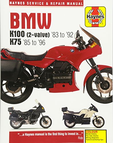 Haynes repair manual cover featuring red BMW K100 motorcycle, 1983-1996.