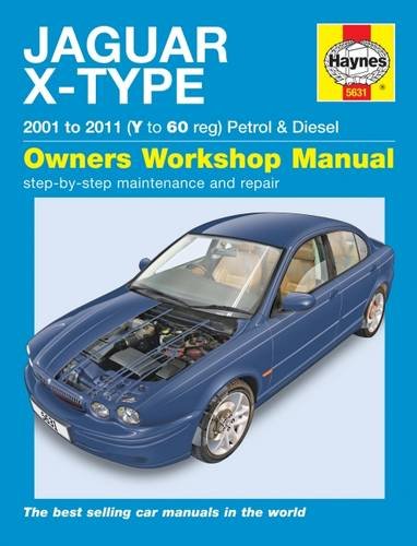 "Blue car repair manual cover with Jaguar X-Type image and Haynes logo on blue background."