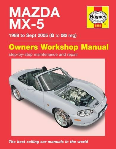 Haynes repair manual cover for Mazda MX-5 1989-2005 featuring a silver convertible car.