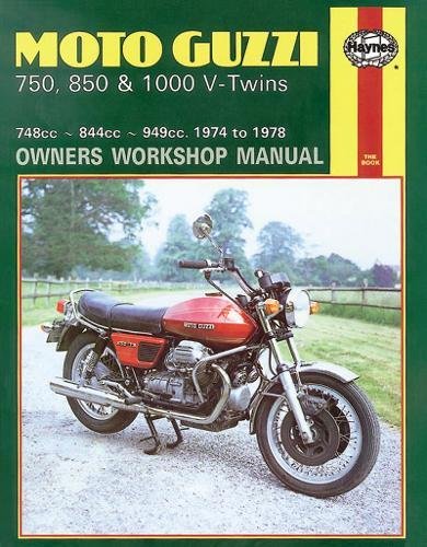 Moto Guzzi motorcycle repair manual cover, featuring a red V-twin bike.