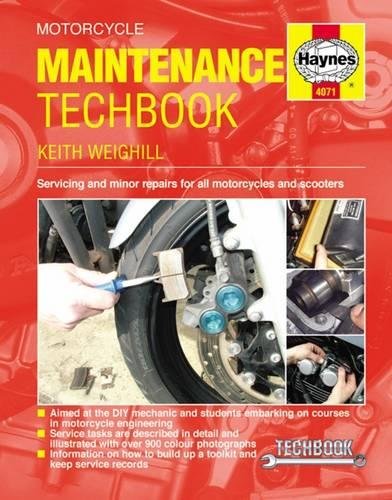 Red motorcycle maintenance TechBook cover with images of repair work.