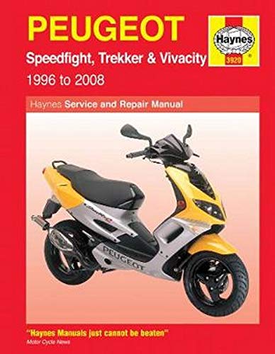 Haynes repair manual cover featuring a yellow Peugeot scooter.