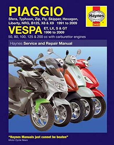 Haynes repair manual cover featuring four Piaggio and Vespa scooters.