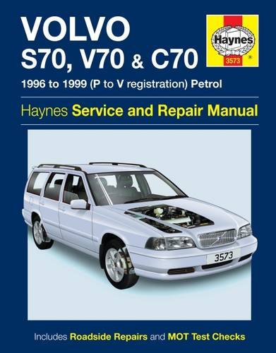 Book with car repair manual text and Volvo S70, V70, C70 vehicle images.