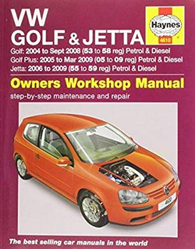Haynes repair manual cover featuring an orange VW Golf with open hood.