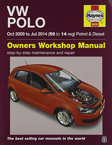 Red VW Polo car on cover of Haynes repair manual, 2009-2014.