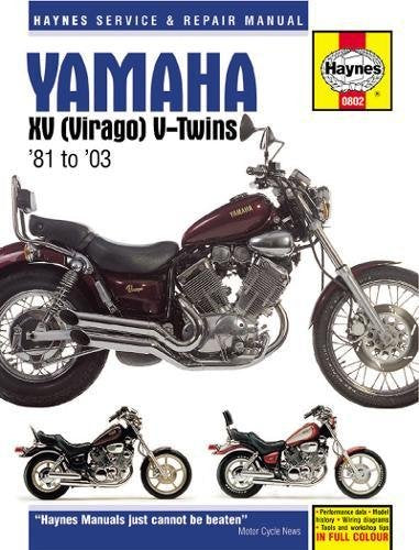 Haynes manual cover featuring a maroon Yamaha XV Virago motorcycle.