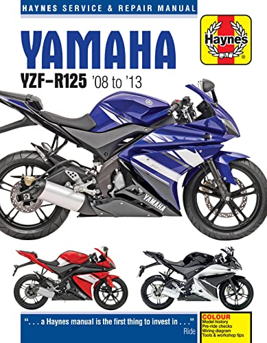 Haynes service manual cover featuring a blue Yamaha YZF-R125 motorcycle.