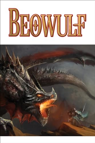 Book cover of "Beowulf" depicting a dragon and a warrior.