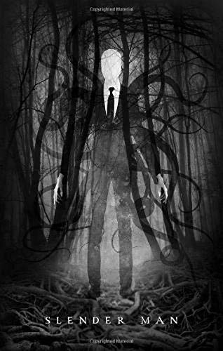 Tall, faceless figure in a suit stands in a dark, tangled forest.