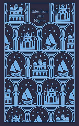 "Blue and black book cover with arches, buildings, and sailboats under a starry sky."