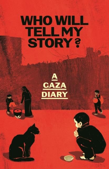 Book cover with red background, black silhouettes of people and a cat, and text.