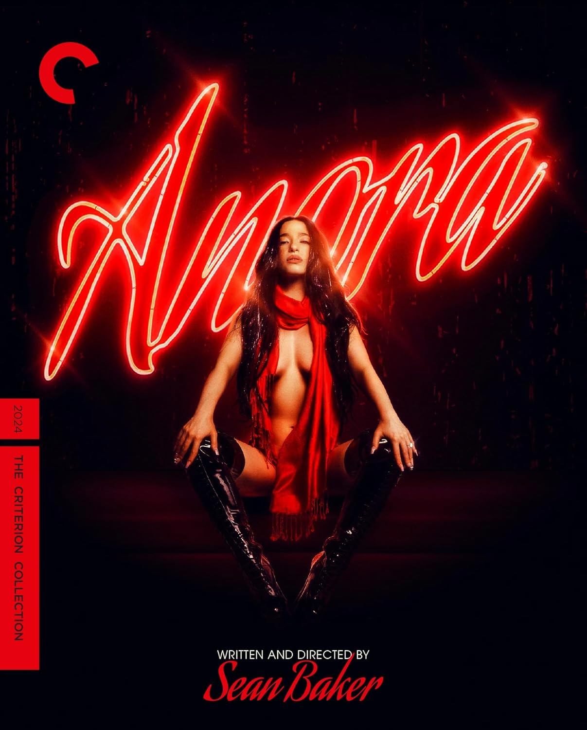 “Anora” Blu-ray cover: woman in red, neon title, Criterion Collection.