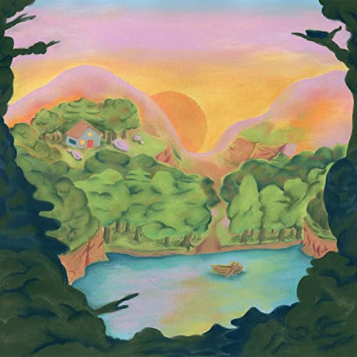Painted landscape with a house, lake, and sunset; CD cover art.