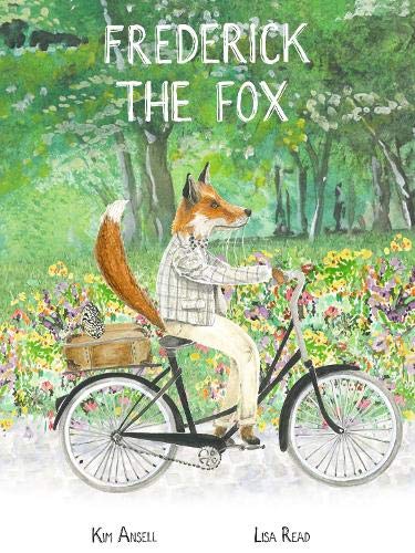 Fox in a jacket riding a bicycle through a floral landscape.