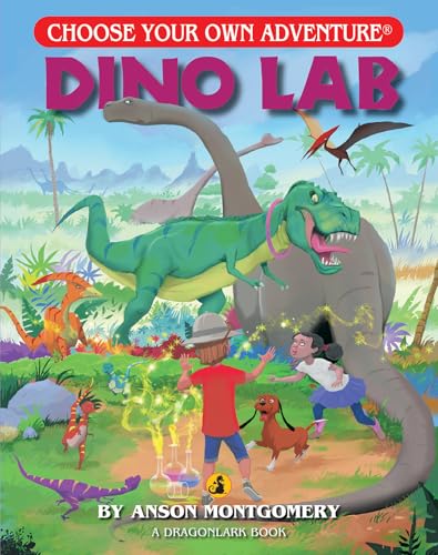 Book cover: dinosaurs, children, and a lab scene in a prehistoric landscape.