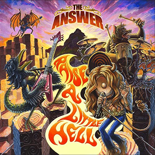 CD cover art: band performing with dragons and fiery lettering.