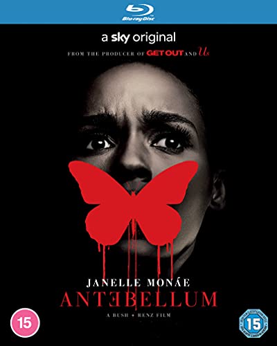 “Antebellum” Blu-ray cover featuring Janelle Monáe with a red butterfly and dripping paint.