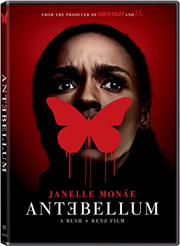 DVD cover for "Antebellum" featuring Janelle Monáe with a red butterfly.