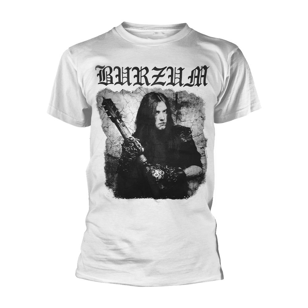 White t-shirt with black and gray graphic of a man and text "BURZUM".