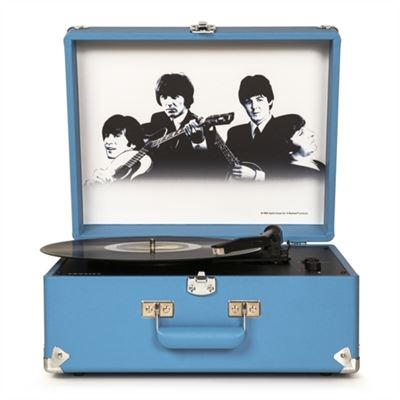 Blue suitcase-style turntable with a black and white image of The Beatles inside.