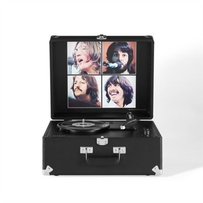 Black suitcase turntable featuring images of The Beatles.