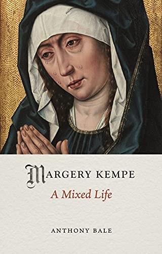 Medieval painting of a woman in a blue veil with book title below.