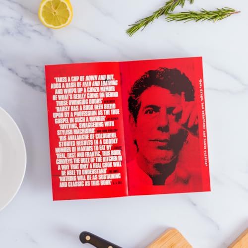 Red book cover with portrait of Anthony Bourdain, open to a quote page.