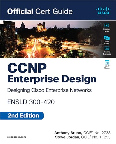 CCNP Enterprise Design study guide cover with city skyline background.