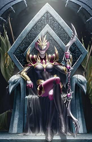Female Power Ranger in black and gold armor sits on a throne, holding a bow.