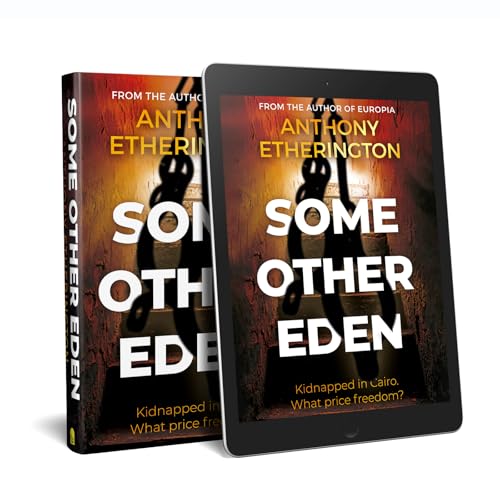 Book cover for “Some Other Eden” shown on a book and tablet.