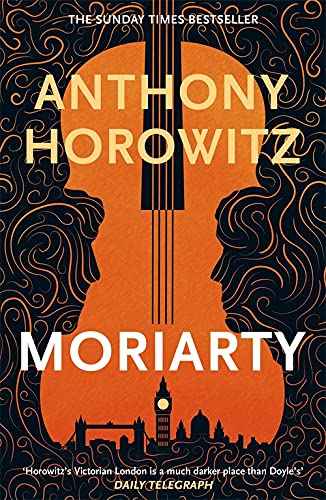 Book cover: orange violin shape with Moriarty’s profile and London skyline.