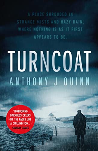Book cover for "Turncoat" with a lone figure on a misty pier.