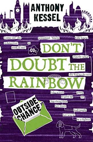 Book cover with purple background, green text, London skyline silhouette, and an open envelope.