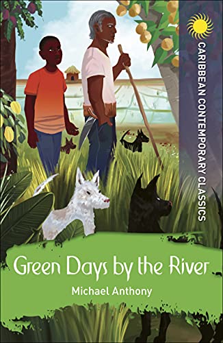 Book cover: man, boy, dogs, and tropical foliage in illustrated style.
