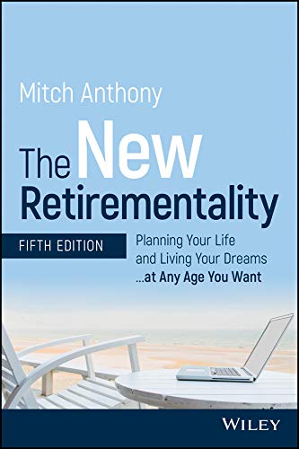 Book cover: "The New Retirementality" with beach scene and laptop.