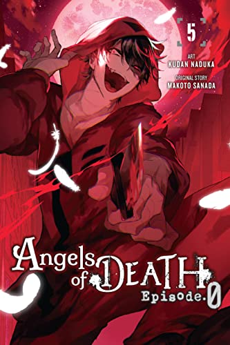 Manga cover: a distressed young man with a knife, red moon backdrop.