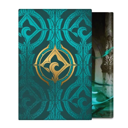 Teal book cover with gold emblem, partially showing a figure’s face.