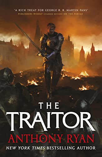 Book cover: armored figure with sword stands amidst burning city ruins.