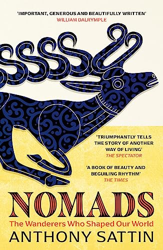 Book cover for "Nomads" featuring a stylized blue animal on yellow.