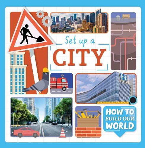 Collage of city elements: buildings, roads, tools, and a construction worker.