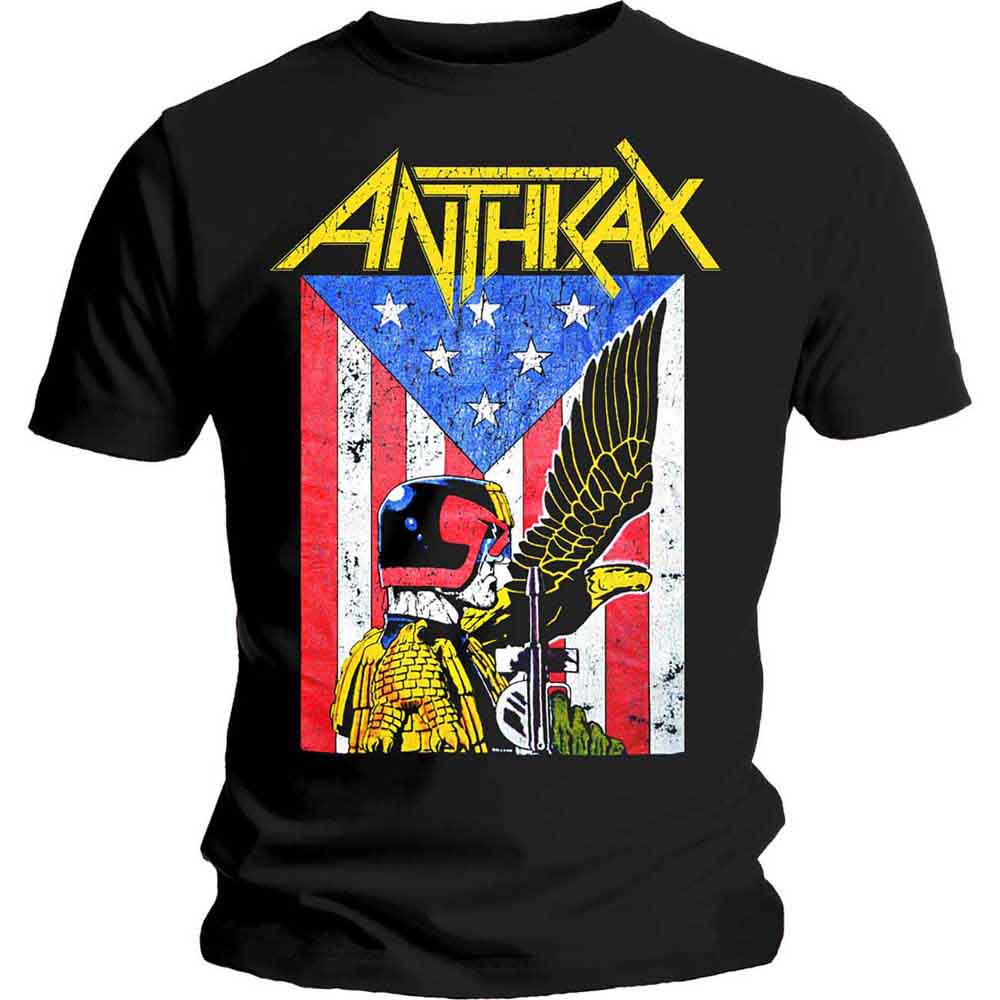 Black Anthrax t-shirt with band logo and patriotic eagle graphic.