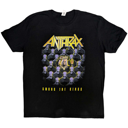 Black Anthrax t-shirt with skull and crown graphic, worn by a person.