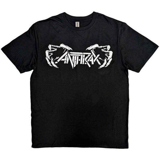 Man wearing a black Anthrax t-shirt with skeletal hand graphic.