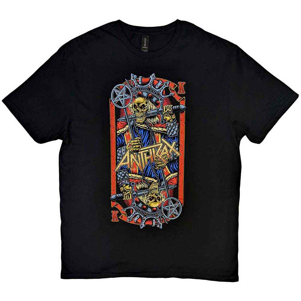 Black t-shirt with colorful Anthrax band logo and skull graphic.