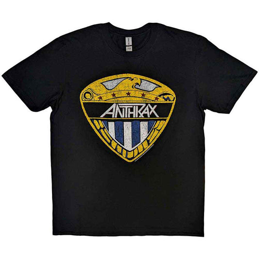 Black t-shirt featuring a distressed yellow eagle shield logo with the Anthrax band name.