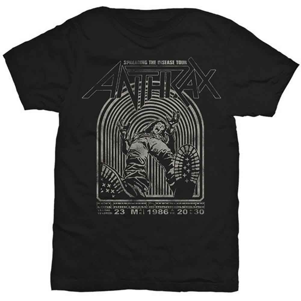 Man wearing a black Anthrax band t-shirt with graphic design.