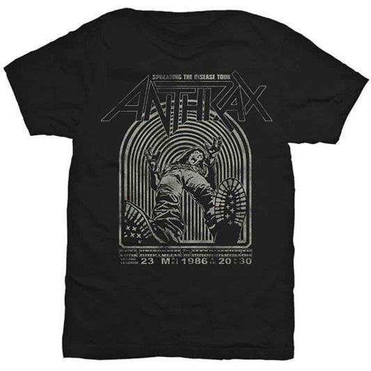 Man wearing a black Anthrax band t-shirt with graphic design.