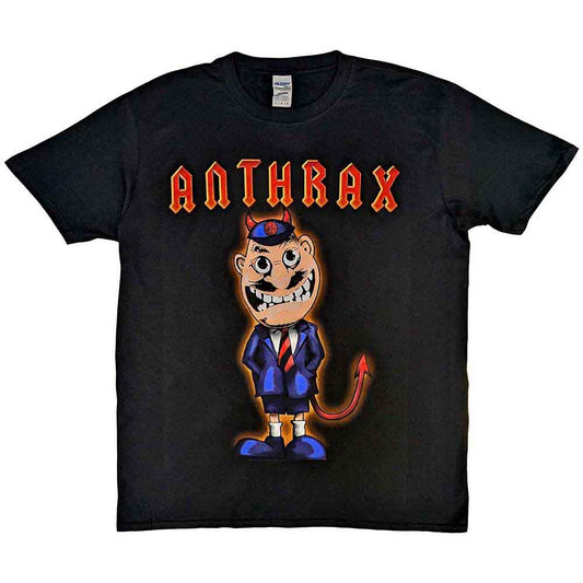 Black Anthrax t-shirt with cartoon graphic worn by a man.
