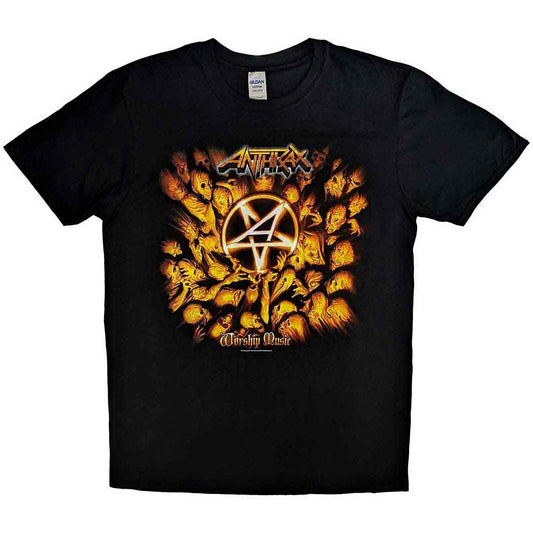 Black t-shirt with Anthrax band logo and fiery pentagram design.